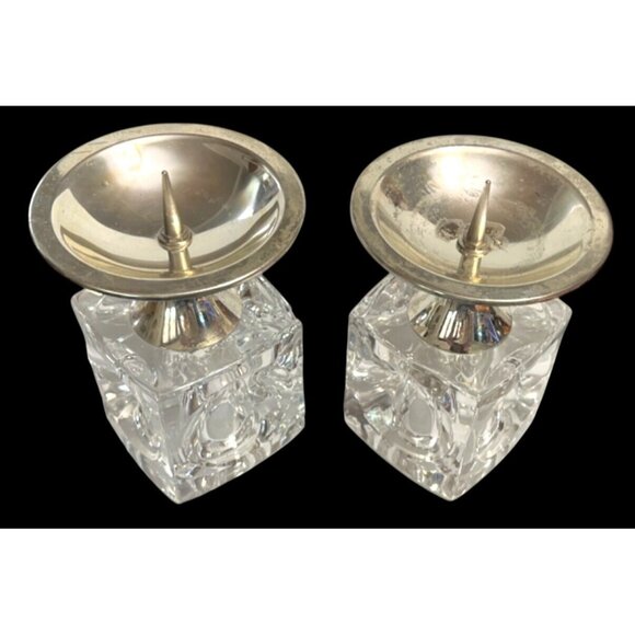 Vtg Rudolf Jurnikl Cut Glass Cube Candle Holder Chromed Silver Spike Sklo Union - Picture 2 of 5